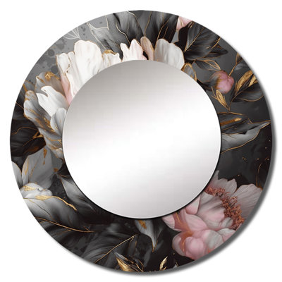 Persais Pink Grey Peonies Blooming II - Peonies Decorative Wall Mirror, Modern Round Mirror, Printed Metal Art