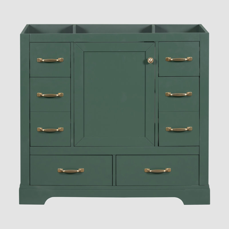 Meuble-lavabo 36 po sans lavabo, base d'armoire seulement, six tiroirs, diviseur de tiroir multifonctionnel, tablette réglable, vert