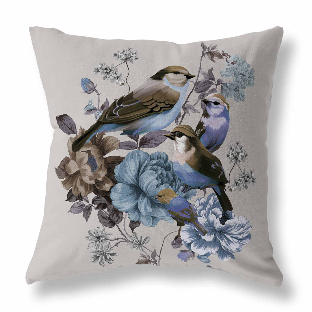 Petal Perched Birds Floral Square Cushion With Filling