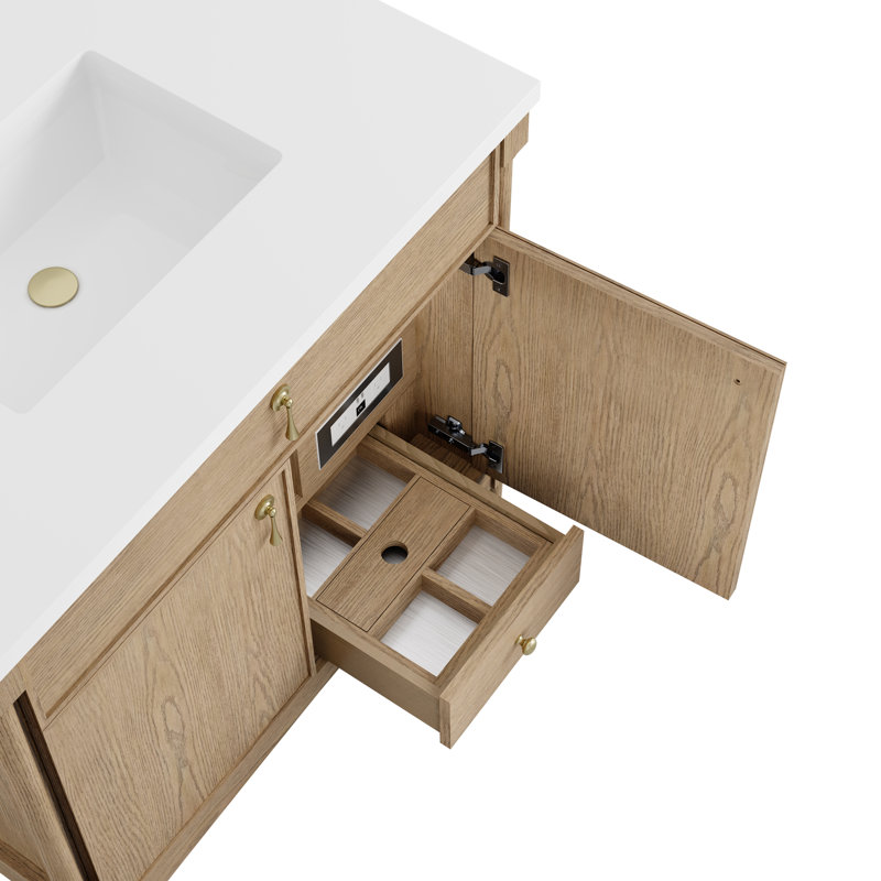 Kinnsden 36" W Single Vanity, Ethereal Noctis Silestone, 8" Widespread, Weathered Oak