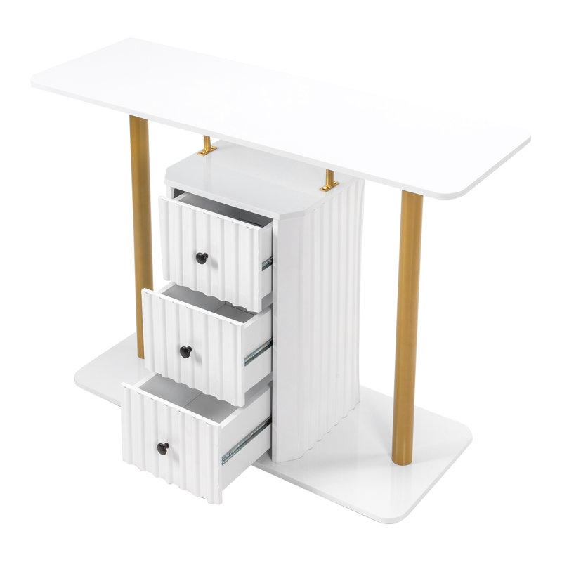47.2” White & Gold Console Table with 3-Drawer Storage – Modern Glam Side Table