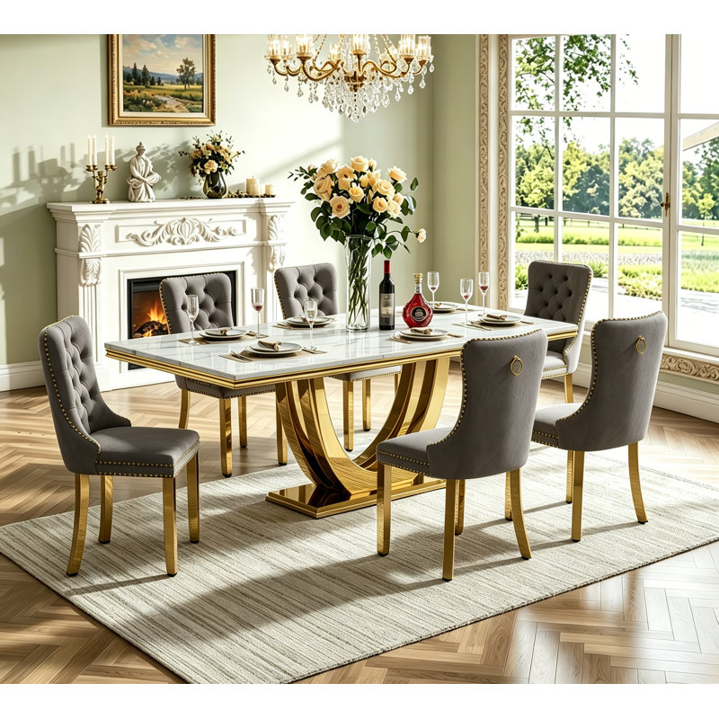 Luxury Marble Dining Table Set for , 68" Dining Room Table with Dining Chairs, White Dining Table with Faux Marble Top & Stainless Steel Pedestal, Large Dining Table and Chairs Set for Home Furniture