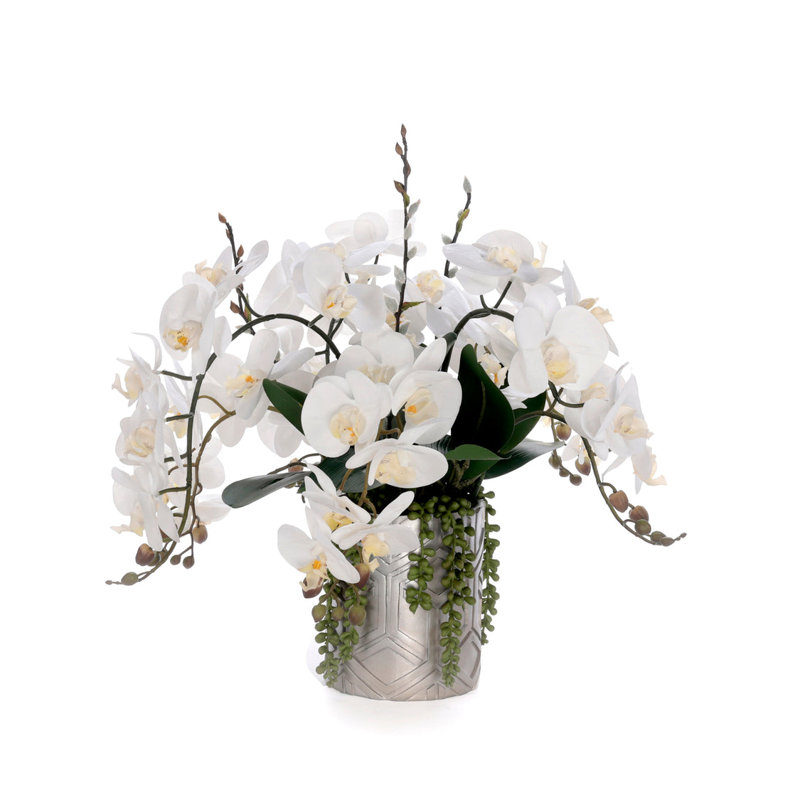 Real Touch White Orchids Flower Arrangement in Silver Vase