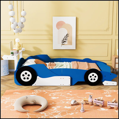 Race Car-Shaped Platform Bed with Wheels, Sturdy Construction, and Realistic Design for Kids and Car Enthusiasts