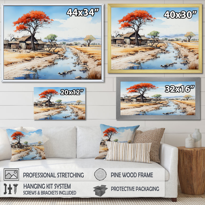 «Blue Orange African Village Visions», reproduction sur toile, 34" H x 44" W, Toile tendue