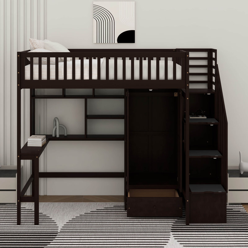 Lit mezzanine double avec tiroirs, bureau et garde-robe, Espresso