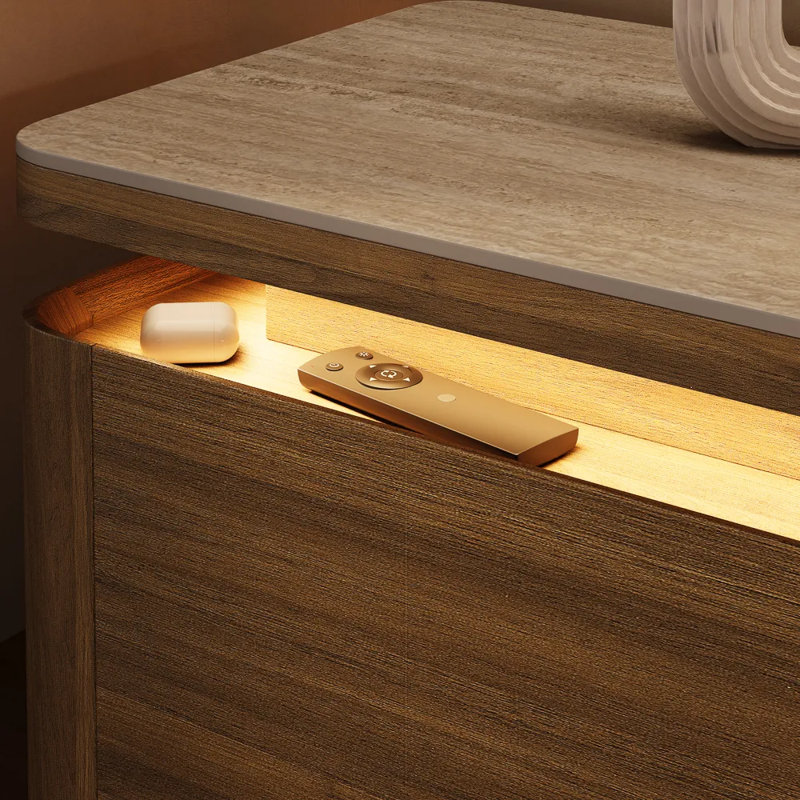 Modern TV Stand With Adjustable LED Lights, Sintered Stone Top, Fully Assembled, Brown/Beige, 15.75"H x 94"L x 15.95"W