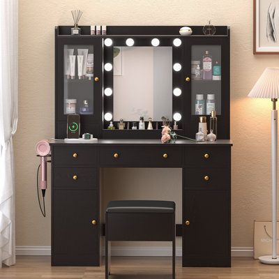Durnan Vanity & Stool ,LED Lights And Power Outlet, Bedroom Makeup Vanity Table With 2 Glass Storage Cabinet And 7 Drawers