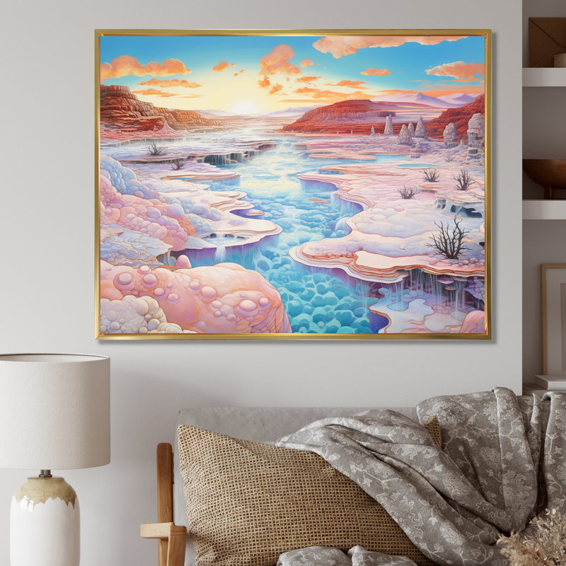 Paysage de kawaii, rêve de geyser rose I, Cadre flottant doré, H 24 po x l 32 po x P 1 po