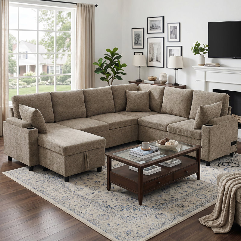 109.9"Chenille Sectional Sofa Bed U-Shaped Brown