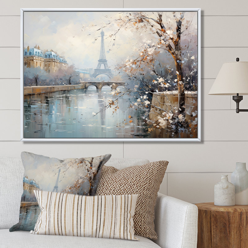 Hiver Paris, Tour Eiffel, charme de ville I - Paris, art mural, Cadre flottant brun, H 30 po x l 40 po x P 1,5 po
