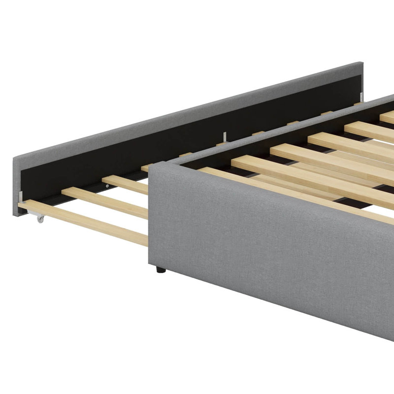 Grand lit plateforme tapissier - liseuses, tiroirs, lit gigogne et tablettes incluses, Gris