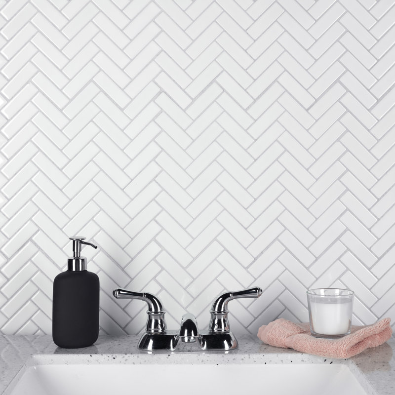 Metro Brick Herringbone 10-5/8 " x 12-1/2 " Porcelain Mosaic Floor and Wall Tile, Glossy White