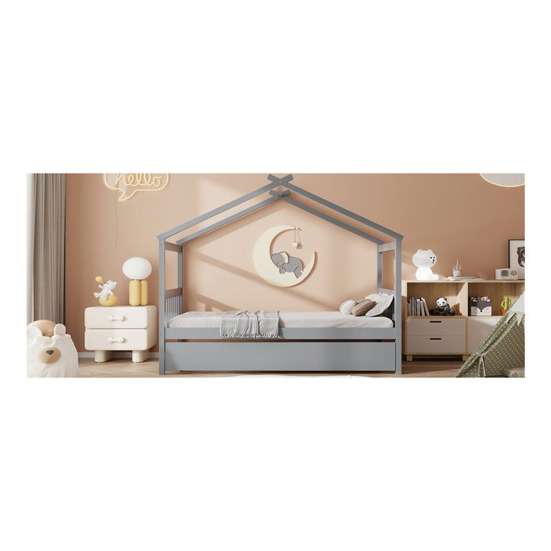 Lit simple en bois avec lit gigogne simple, Gris