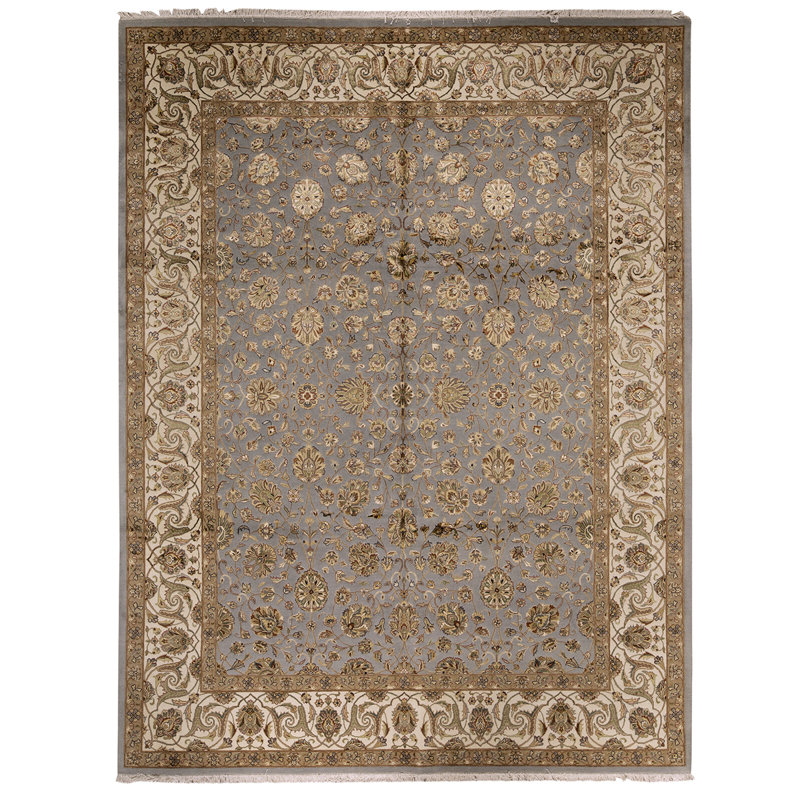 Tapis beige / ivoire / bleu noué à la main de haute qualité