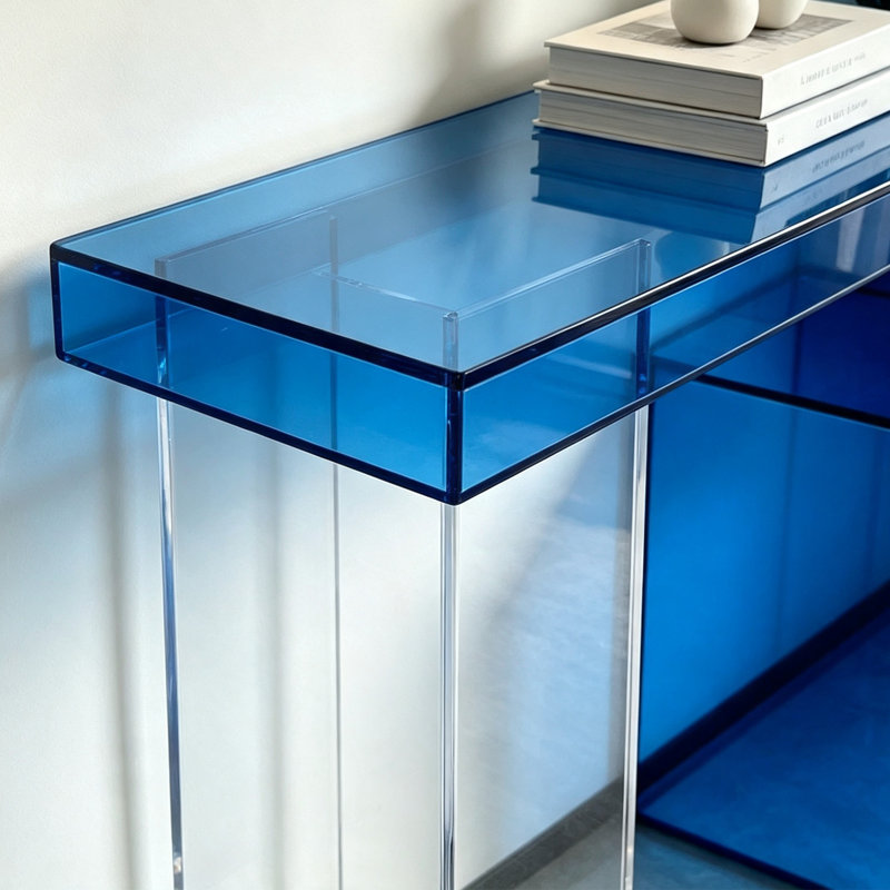 Console moderne en acrylique transparent bleu, H 29,53 po x l 55,12 po x P 11,81 po
