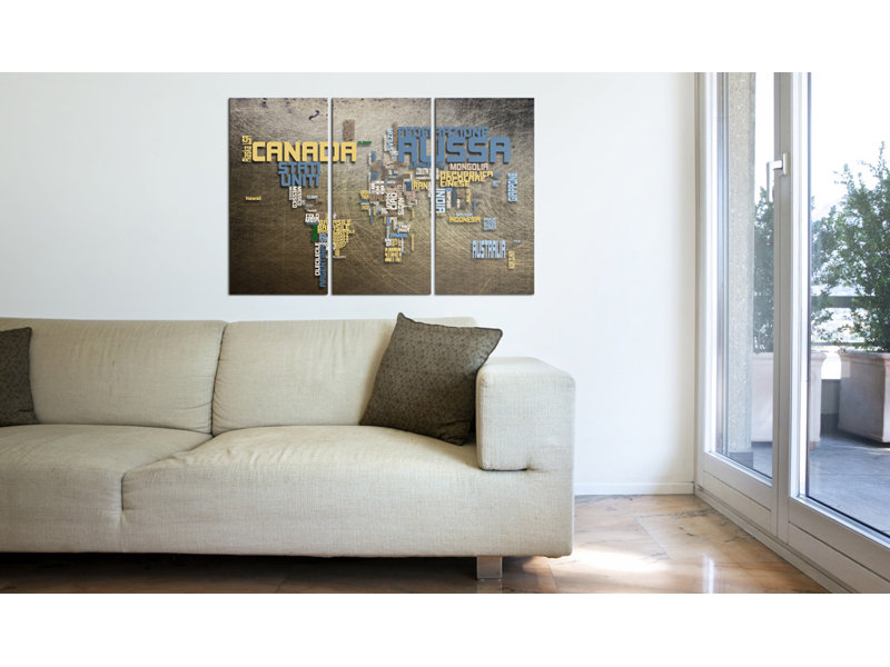 Map Of The World - 3 Piece No Frame Print on Canvas, 80cm H x 120cm W