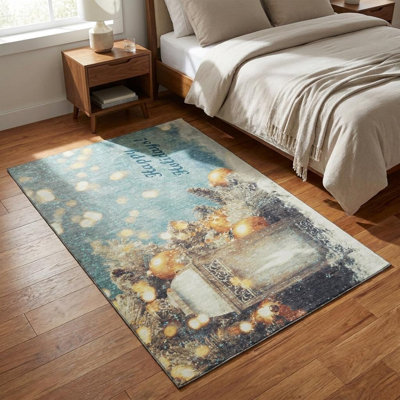 Hukill 3' X 5' Blue Gold And Ivory Christmas Distressed Washable Area Rug With UV Protection