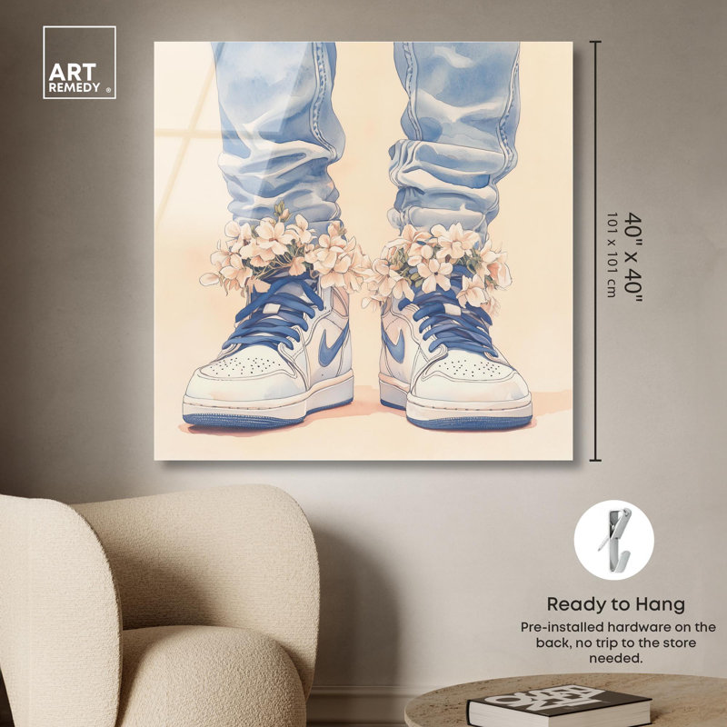 Art mural Sneaker doux avec espadrilles bleues et fleurs par Art Remedy, prêt à être accroché, H 40 po x l 40 po
