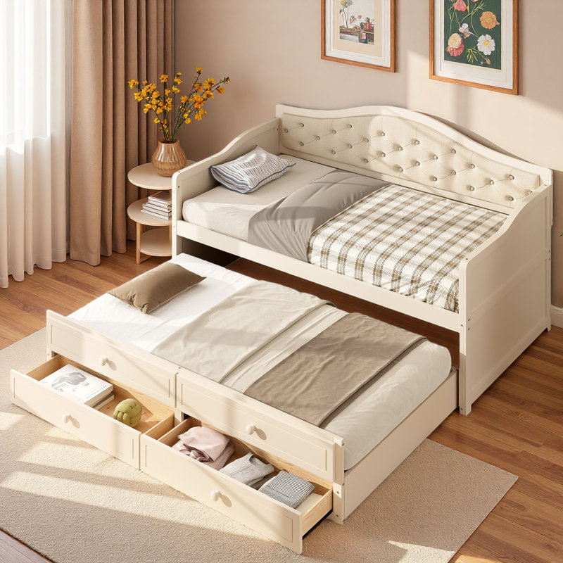 Wooden Daybed With Trundle, 2 Storage Drawers And Upholstered Button Tufted Backrest, Beige