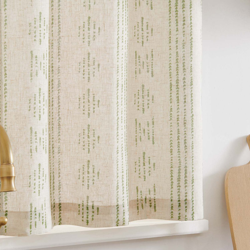Boho Cafe Curtains Linen Small Window Curtains, 26" W x 36" L, Beige/Green