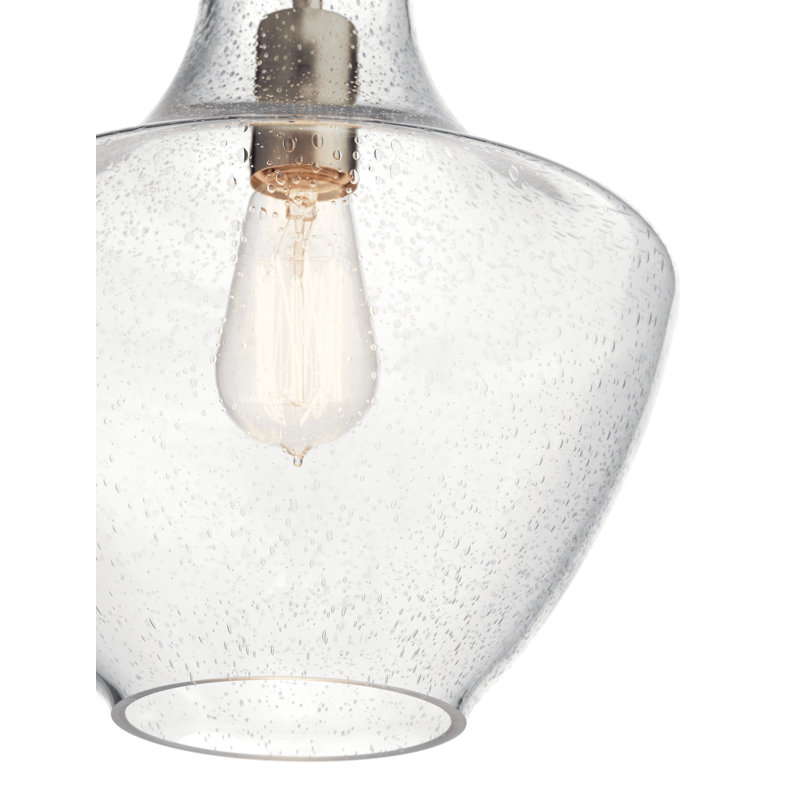 Suspension Kichler Everly en nickel brossé de 38,7 cm (15,25 po) à une lumière avec abat-jour transparent en forme de larme à bulles.