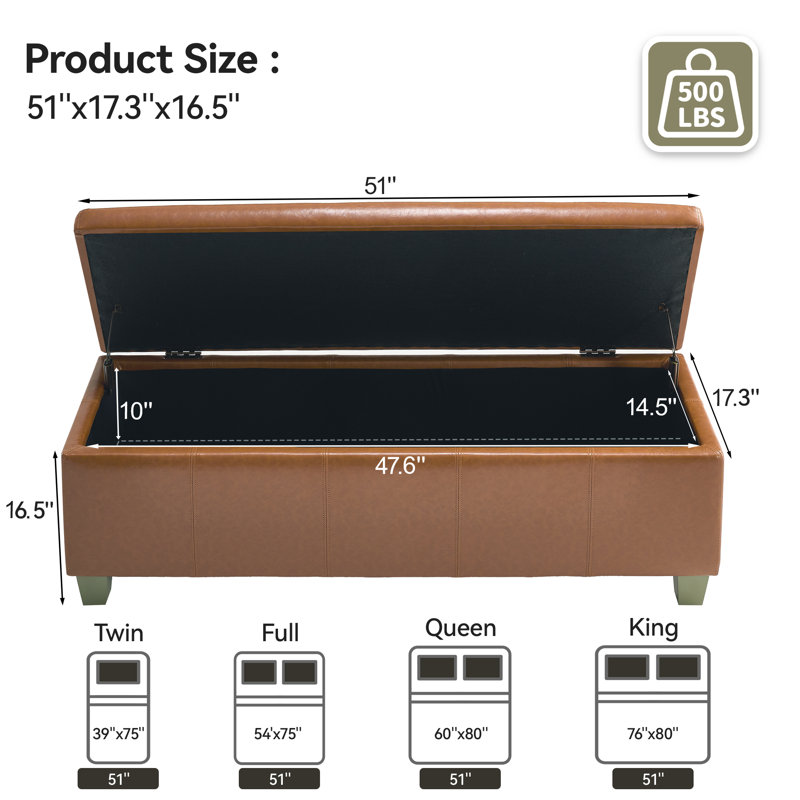 Banc de rangement rembourré en similicuir de 51 po de largeur, H 16,5 po x l 51 po x P 17,3 po, Marron clair