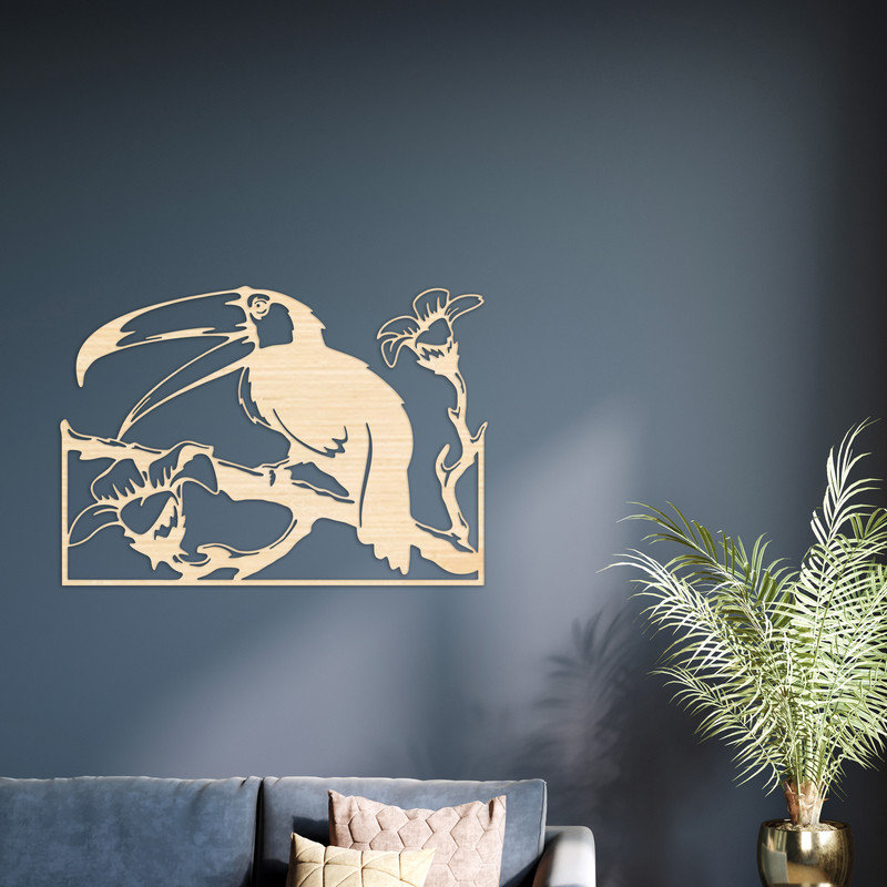 Art mural abstrait de Toucan, de fleurs et de branches d'arbre - ACM blanc (22,4 po x 32 po), H 22,4 po x l 32 po x P 0,25 po