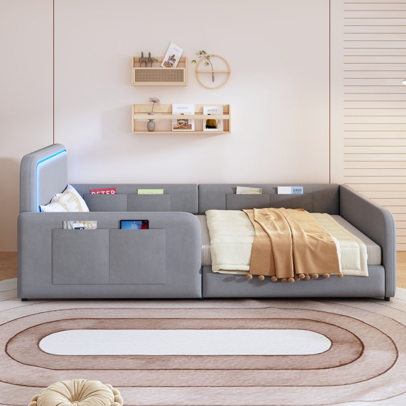 Single Bed Frame 90×200cm with LED Light & Storage Pockets, Gray