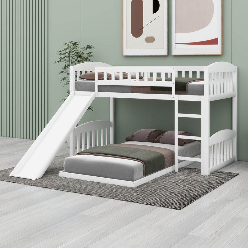 Structure de lit superposé en bois avec échelle et glissoire, Blanc