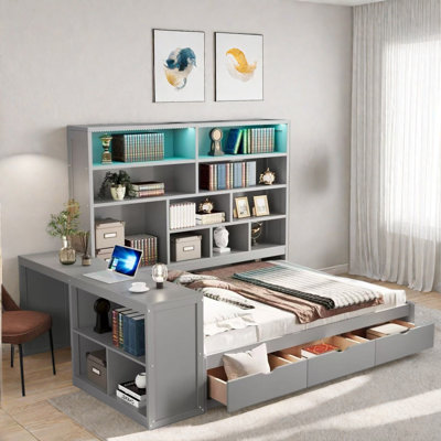Lit de jour en bois avec 3 tiroirs, bureau, tablettes ouvertes, lumières et station de charge