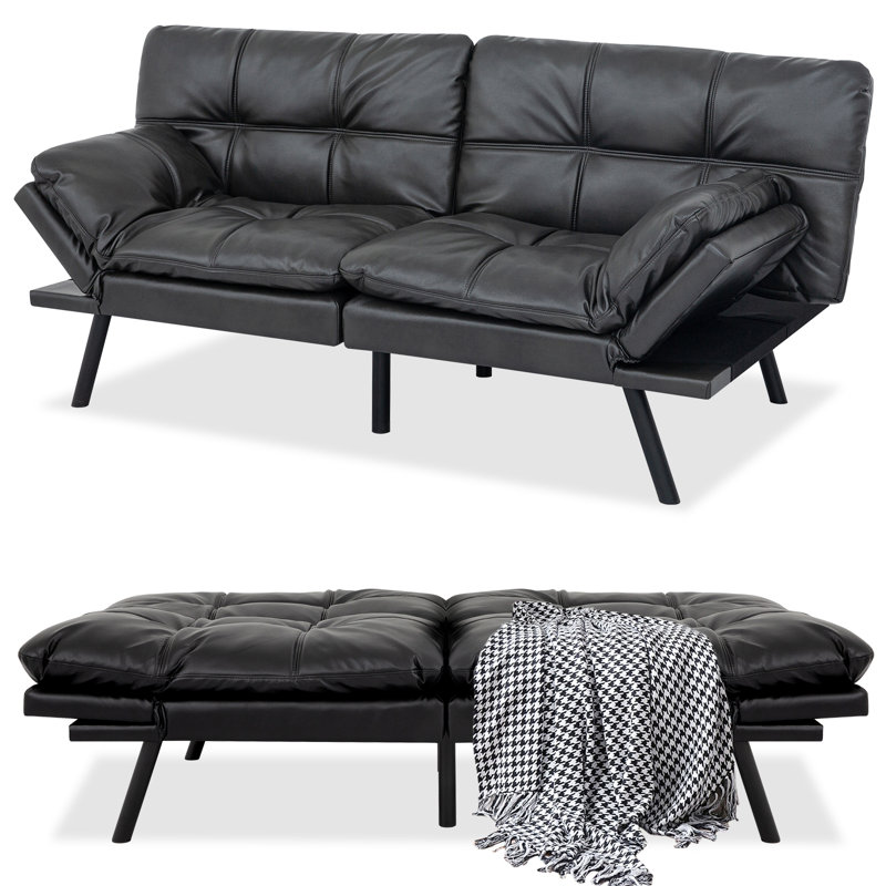 71'' Convertible Sleeper Sofa Bed, Upholstered Futon Sofa Twin Size, Matte Black Faux Leather