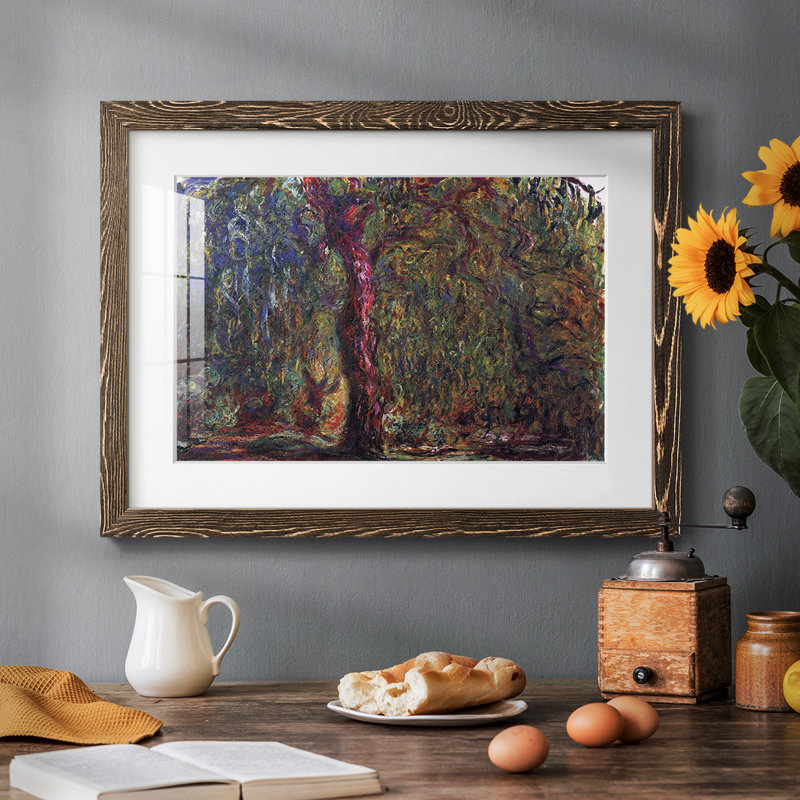«Weeping willow» par Monet - reproduction encadrée rustique avec tableau mat, H 14 po x l 20 po x P 1,5 po, Noir