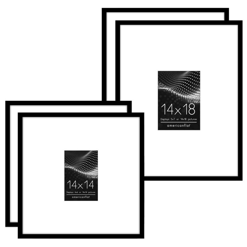 4 Piece Picture Frames - Gallery Wall Frame Set with Two 14x14 Frames with 4x6 Mats and Two 14x18 Frames with 5x7 Mats - Black