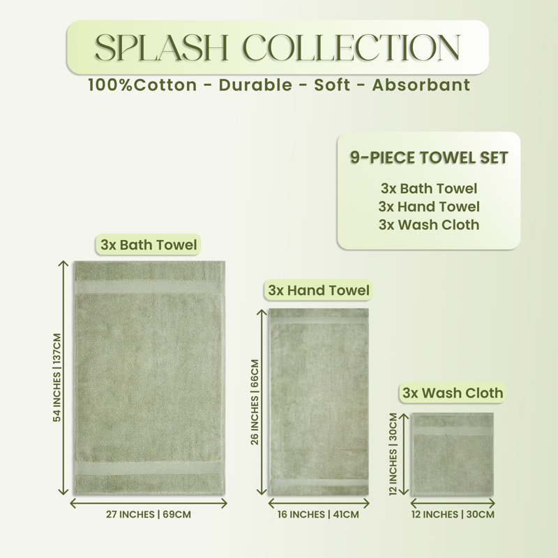 Splash 100% Cotton Zero Twist Towel Set, Bath Towels, Hand Towels & Washcloths, 550 GSM Soft Absorbent Towels for Bathroom, Spa & Daily Use, OEKO-TEX Certified, 9 Pack, Dark Sage