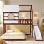 Cadre de lit superposé en bois en forme de maison, avec glissade et escalier de rangement, pour un lit simple en haut et un lit double en bas.-304932713