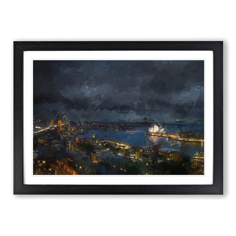 Sydney Skyline at Night in Abstract - Picture Frame Graphic Art Print, 62cm H x 87cm W x 2cm D, Black Framed