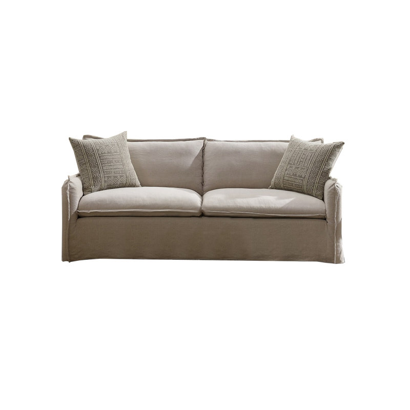 Canapé savoir, 2 coussins décoratifs, tissu en lin beige contemporain de 84 po