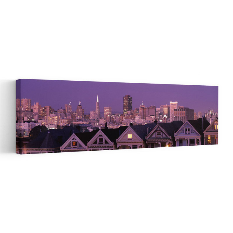 Skyscrapers lit up at night in a city San Francisco California USA 1 Piece Wrapped Canvas Panoramic Wall Art