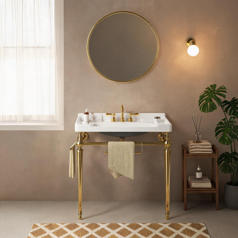 Console de lavabo mural en céramique dorée et blanche de 91 cm (36 po) avec pattes de support en acier inoxydable et porte-serviettes