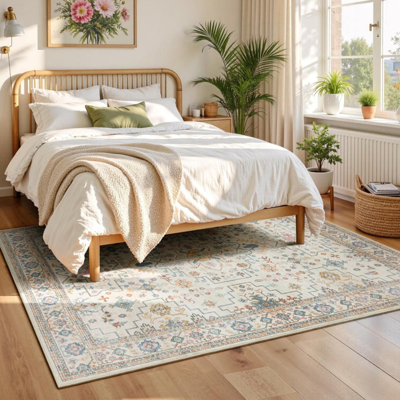 Tapis médaillon vintage crème 5 pi x 7 pi pour salon