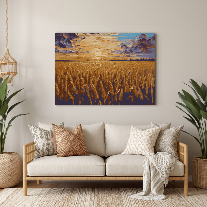 Art mural en métal Sci Fi Golden blé champ coucher de soleil brun, H 240 po x l 360 po x P 0,05 po
