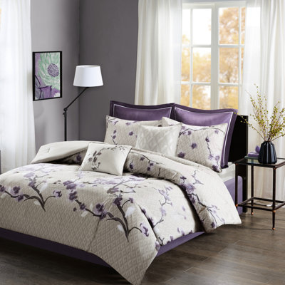 Édredon pour grand lit 8 pièces - mauve / taupe, coton, imprimé floral, inclus, motif floral, literie lavable à la machine