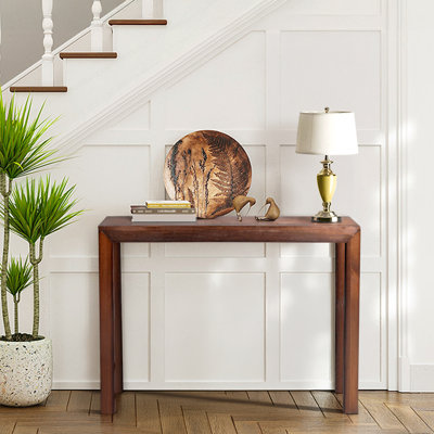 Dark Brown Wood 46.06in Solid Pinewood Mitered Spliced Tabletop Edge Trim Entry Table, Console Table Entrance Table, Narrow Sofa Table for Living Room Entryway Hallway