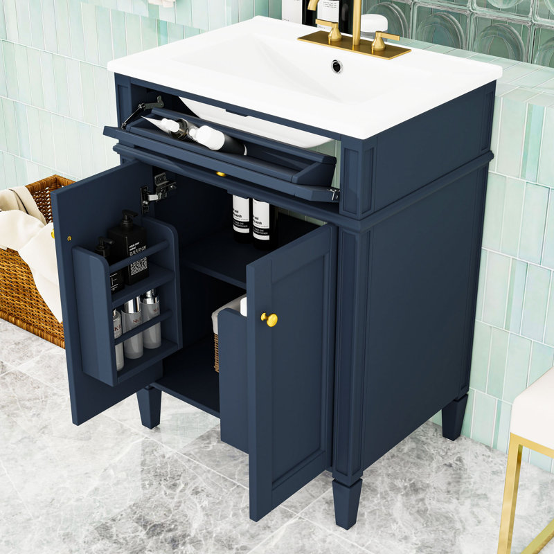Meuble-lavabo autoportant avec lavabo en céramique, tiroir basculant et tablette réglable, Blue