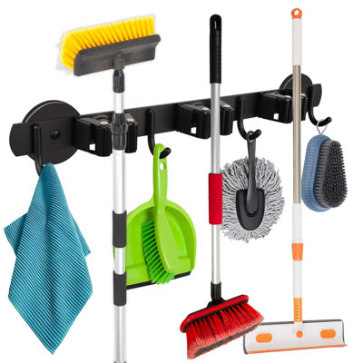 Heavy Duty Magnetic Broom Holder, 1PCS Mounting Broom And Mop Hanger, Anti-Slip Black Magnetic Tool Holder 3 Slots And 4 Hooks For Fridge, Metal Door, Garage, Work Station