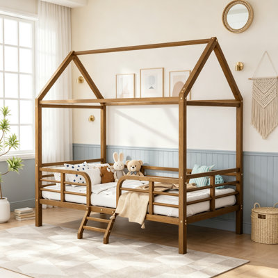 Lit cabane pour enfant avec toit et barrières de sécurité, lit plateforme bas en métal avec pieds pour faciliter la transition, taille simple, noyer