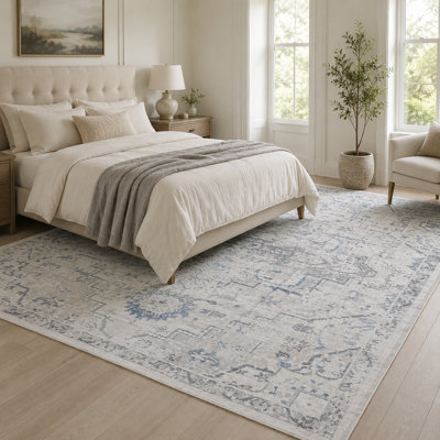 Non-Slip Machine Washable Oriental Area Rug in Blue/Cream/Gray for Living Room, Bedroom, Hallway Runner Indoor Rugs