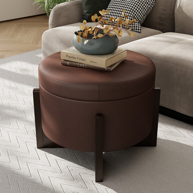  Faux Leather Upholstered Round Ottoman with Storage, Dark Brown