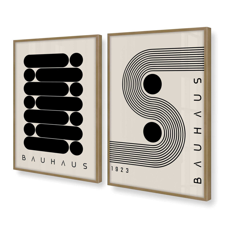 Ensemble de 2 impressions géométriques Bauhaus Energy, 14 po x 11 po, Cadre doré brossé, H 25,5 po x l 39 po x P 1,25 po